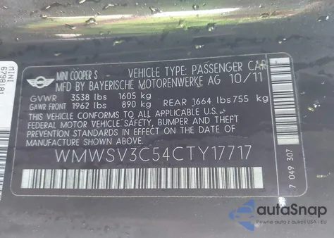 2012 Mini Cooper S из США, поврежденный, VIN WMWSV3C54CTY17717